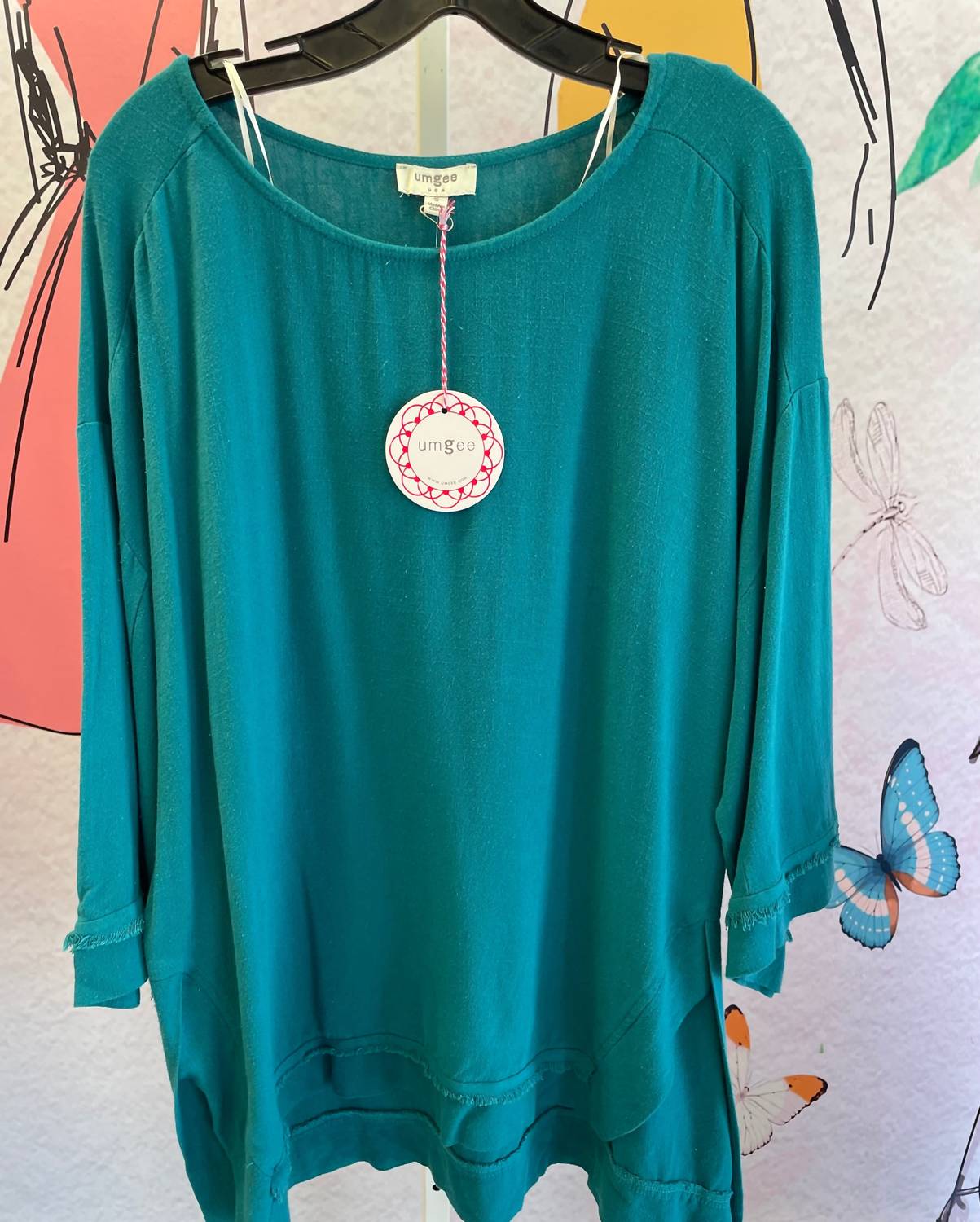 Umgee - Women's Long Sleeve Side Slits Frayed Edge Tunic Top