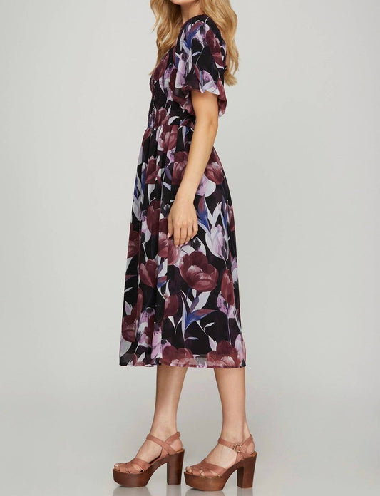 She + Sky - Puff Sleeve Smocked Top Floral Print Midi Dress