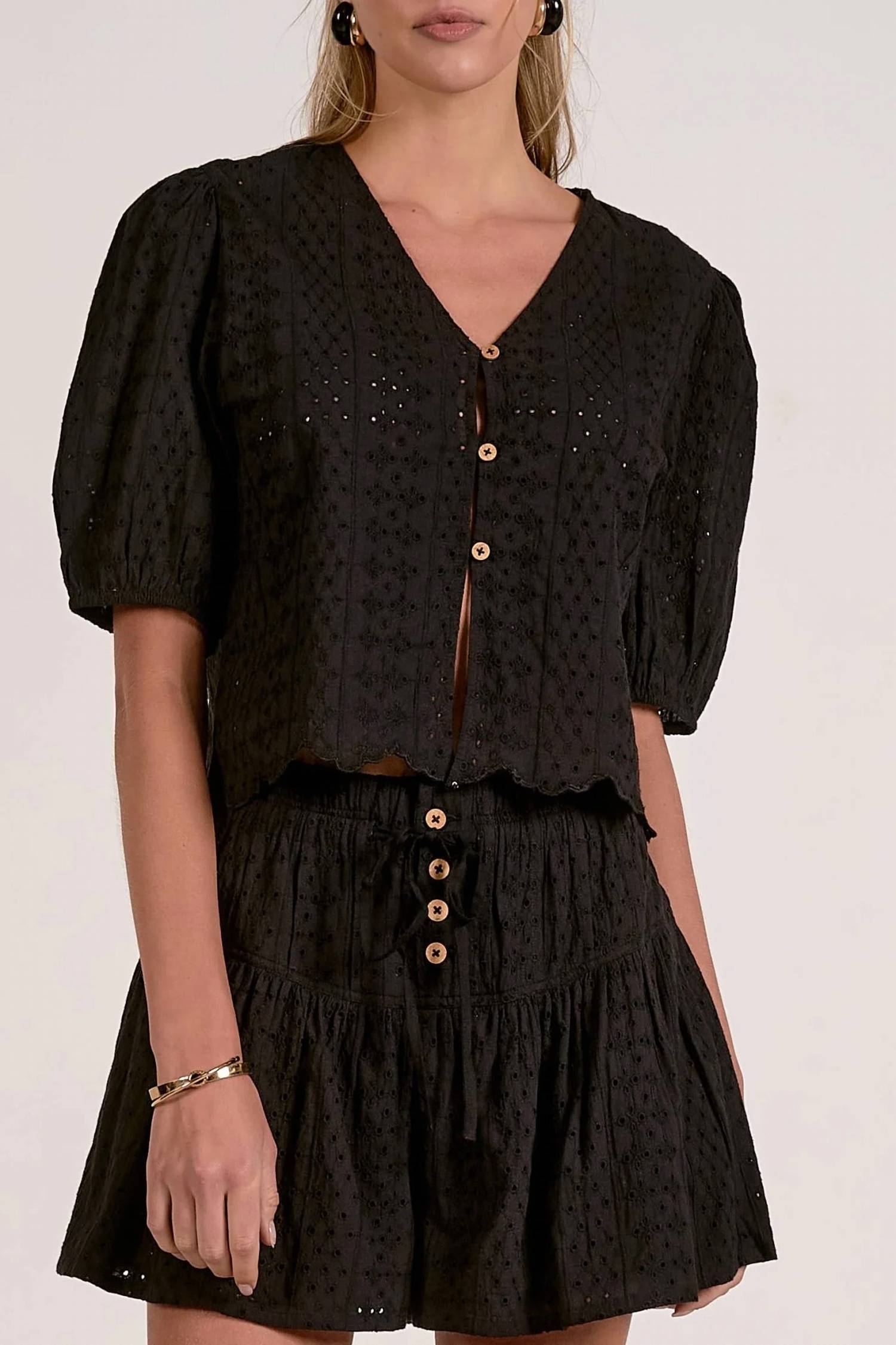 Elan - Eyelet Short Sleeve Button Front Top