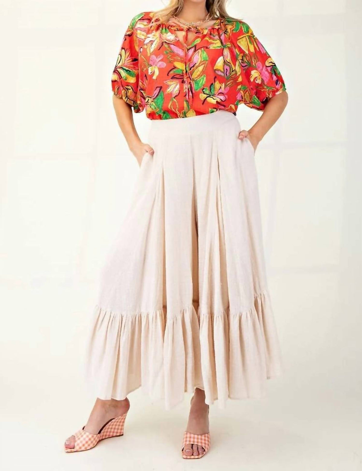 Easel - Ruffle Rayon Linen Wide Palazzo Pants
