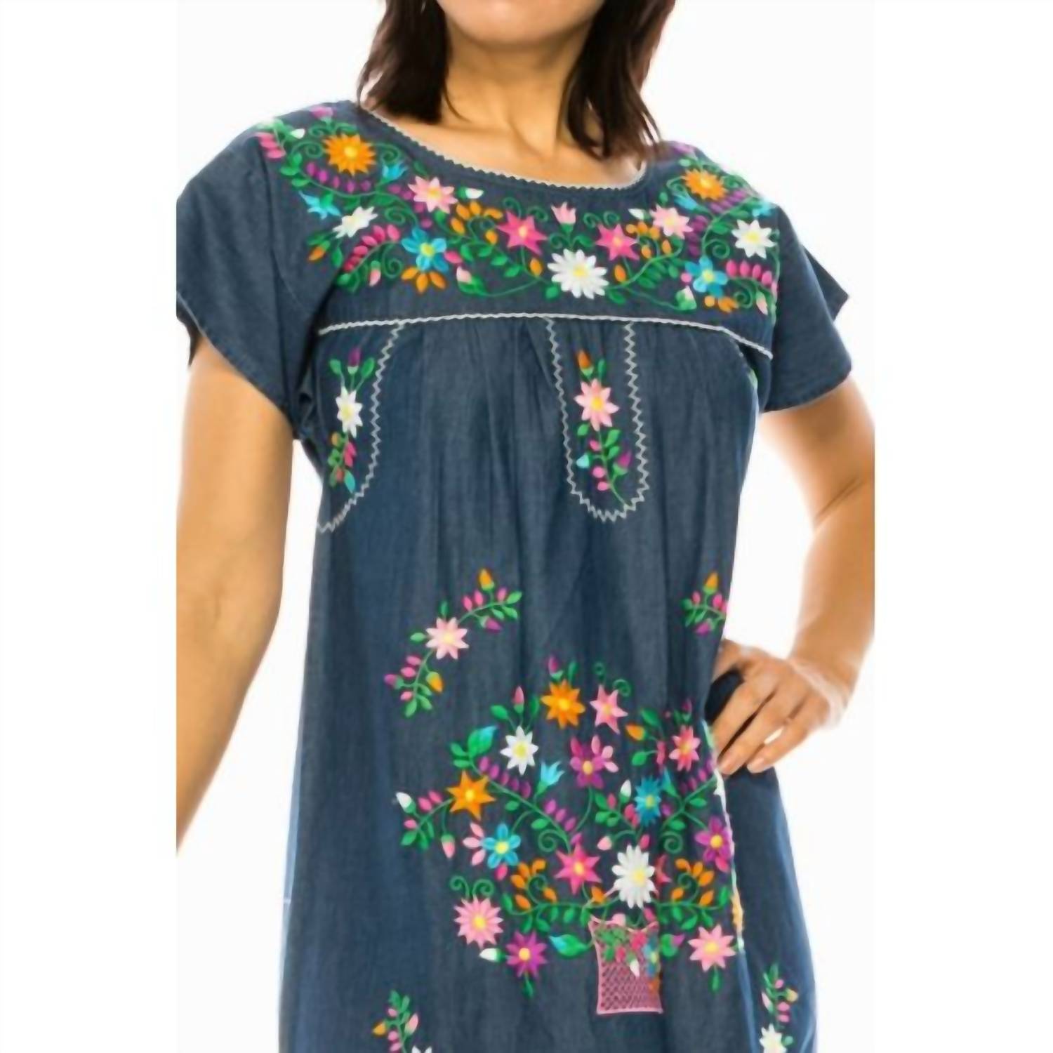 Unik - Colorful Floral Embroidered Chambray Midi Dress
