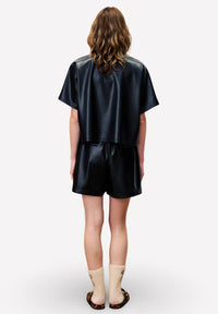 FRNCH Bazin Faux Leather Top in noir - women's blouse - detail view