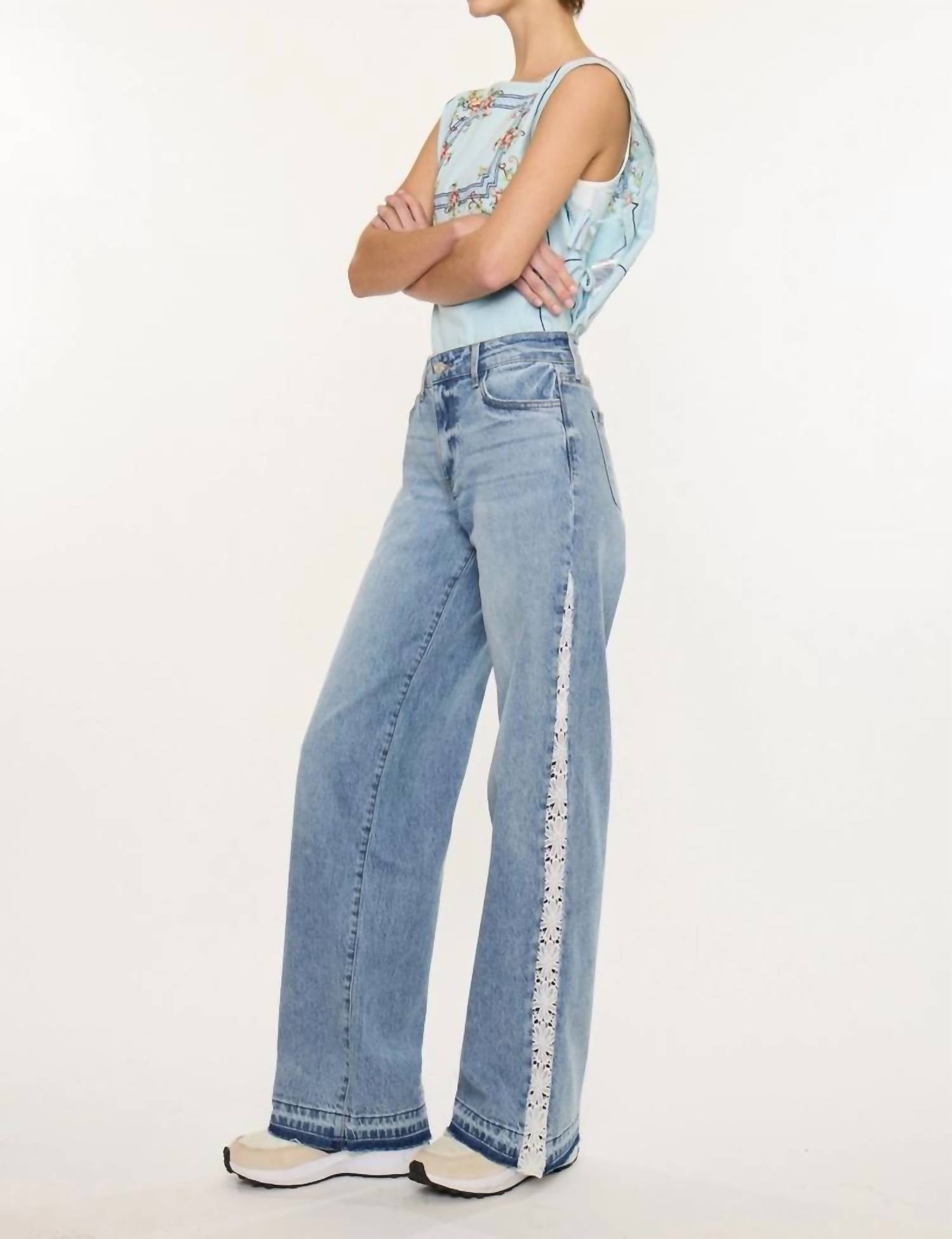 Kancan - High Rise Lace Trim Wide Leg Jean