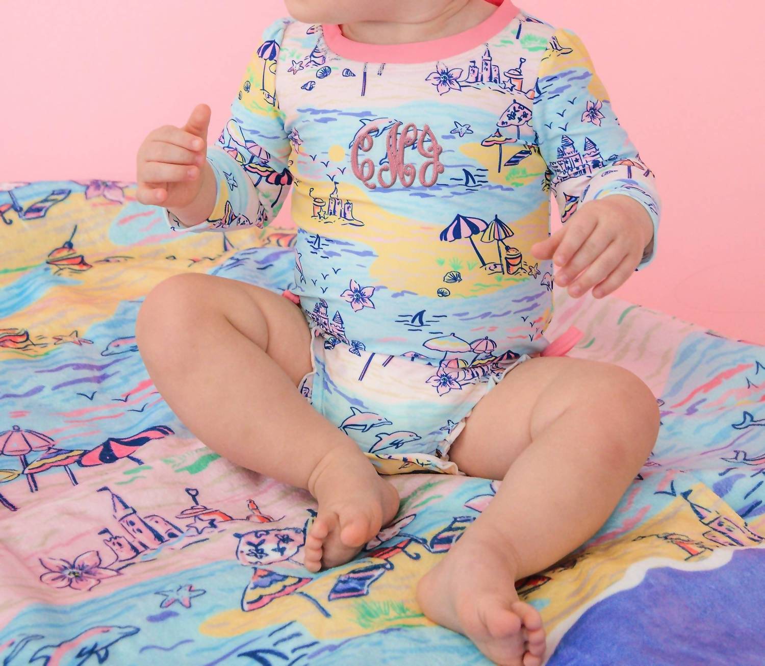 Rufflebutts - Beach Day Long Sleeve One Piece Ruffle Rash Guard Swimsuit