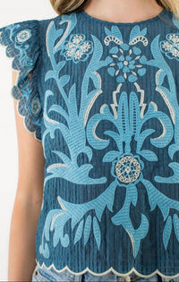 Thml - Embroidered Flutter Sleeve Scallop Top