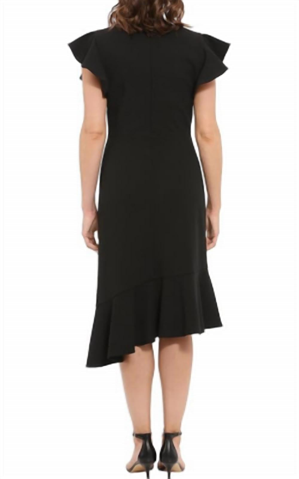 London Times - Ruffle Sleeve V-Neck Dress with Asymmetrical Hem
