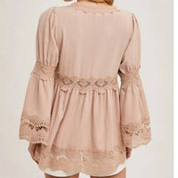 Bluivy - Lace Trimmed Bell Sleeve V-neck Blouse