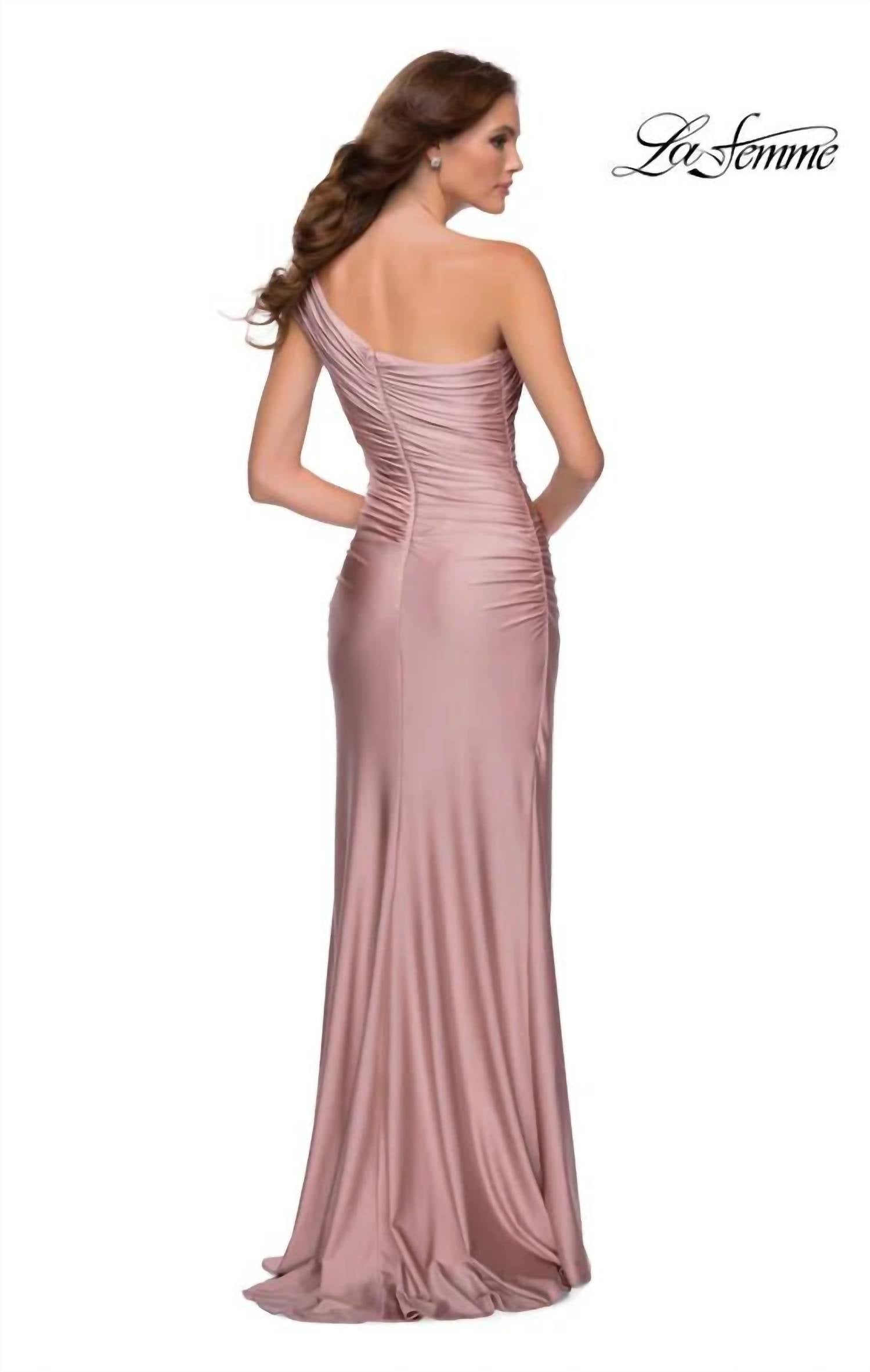La Femme One-shoulder Ruched Gown in mauve - women's dress - alternate view
