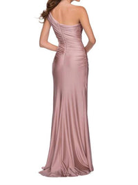 La Femme One-shoulder Ruched Gown in mauve - women's dress - detail view