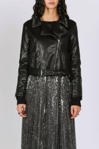 Beulah Rhinestones Embellished Vegan Leather Biker Jacket in black - women's jacket