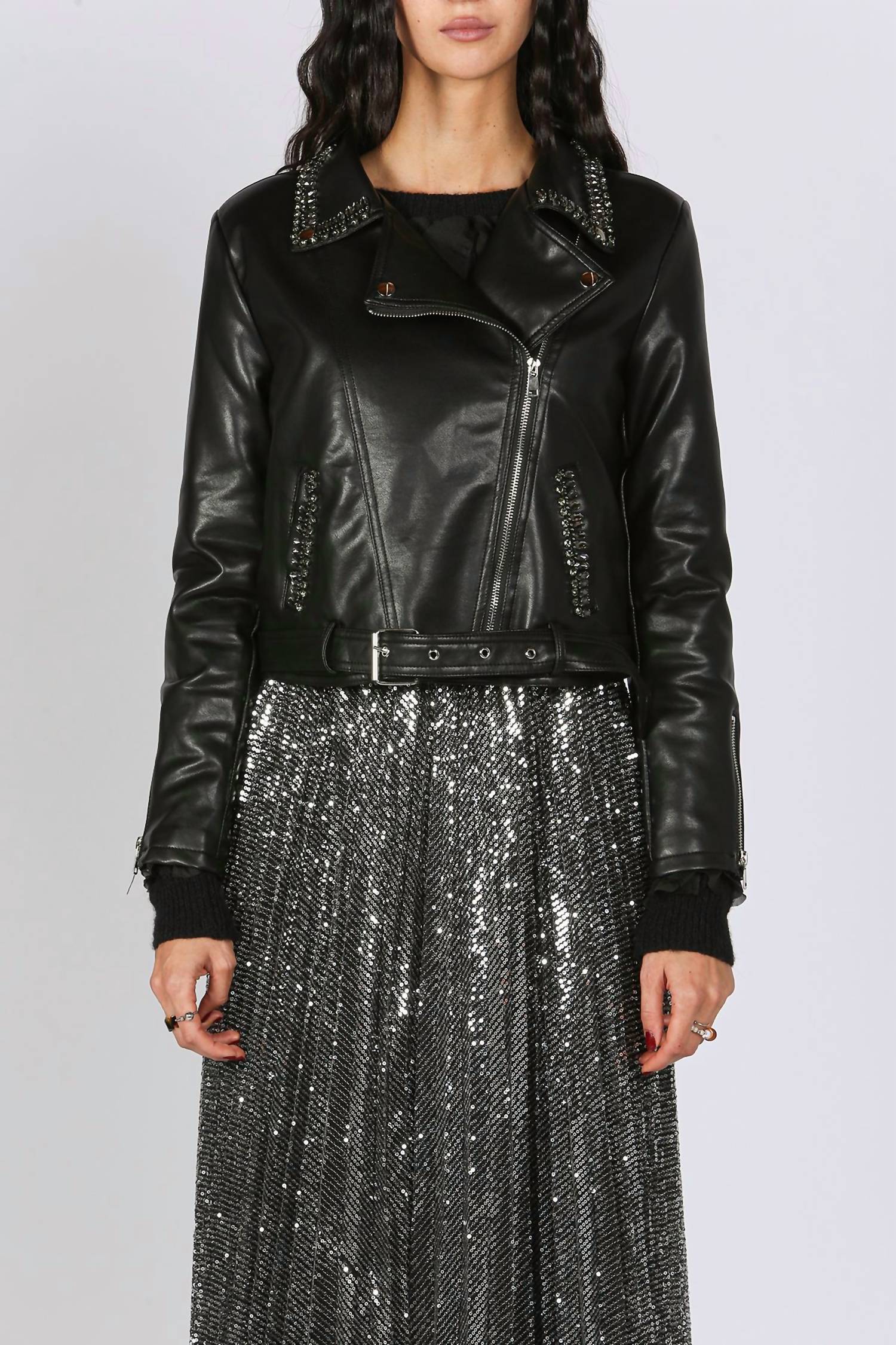 Beulah Rhinestones Embellished Vegan Leather Biker Jacket in black - women's jacket
