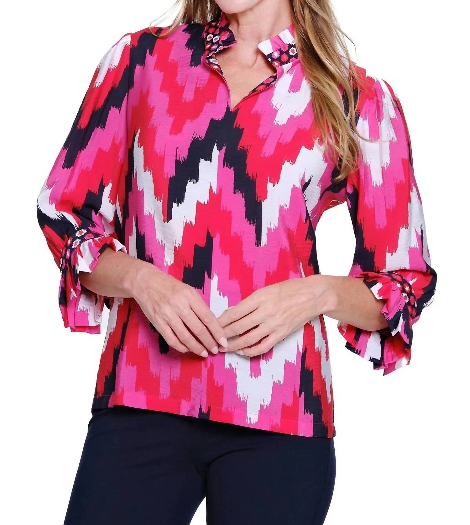 Multiples - Ruffle Collar Printed Top