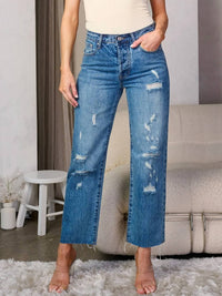 Smoke & Mirrors - Button Closure Distress Wide Leg Denim Jeans
