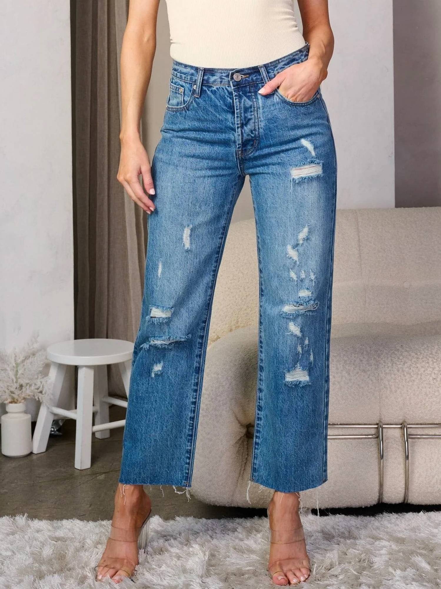 Smoke & Mirrors - Button Closure Distress Wide Leg Denim Jeans