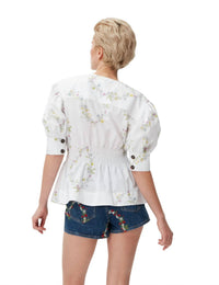 Ganni - Pre-loved Poplin Puff Sleeve V Neck Blouse With Smocked Shirred Waist