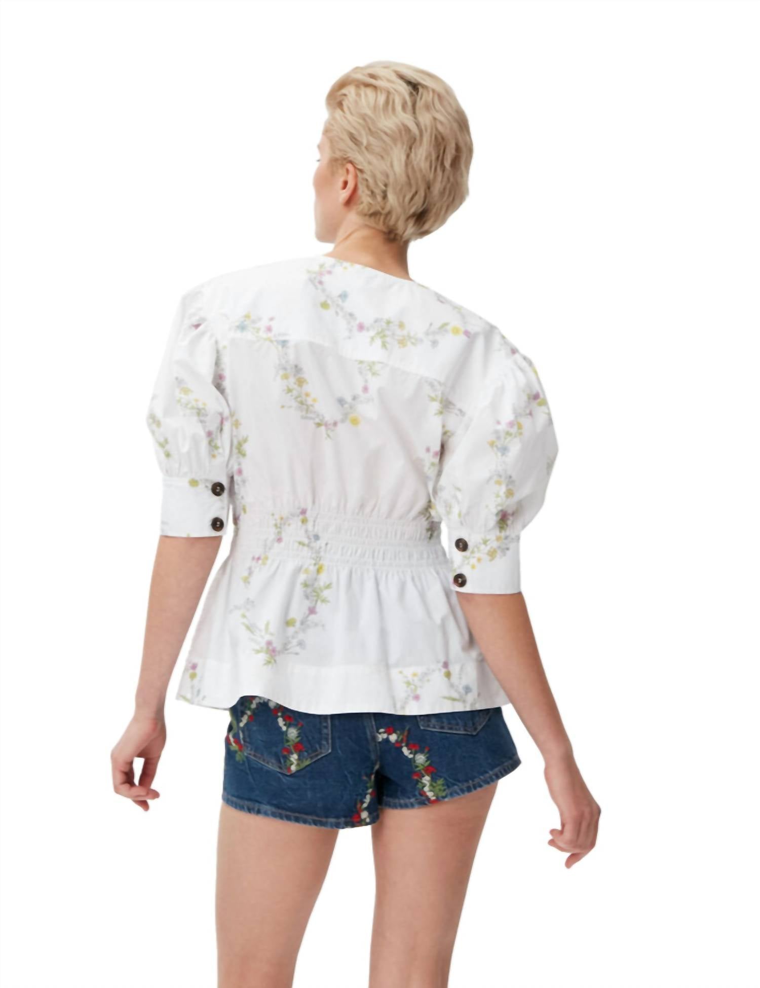 Ganni - Pre-loved Poplin Puff Sleeve V Neck Blouse With Smocked Shirred Waist