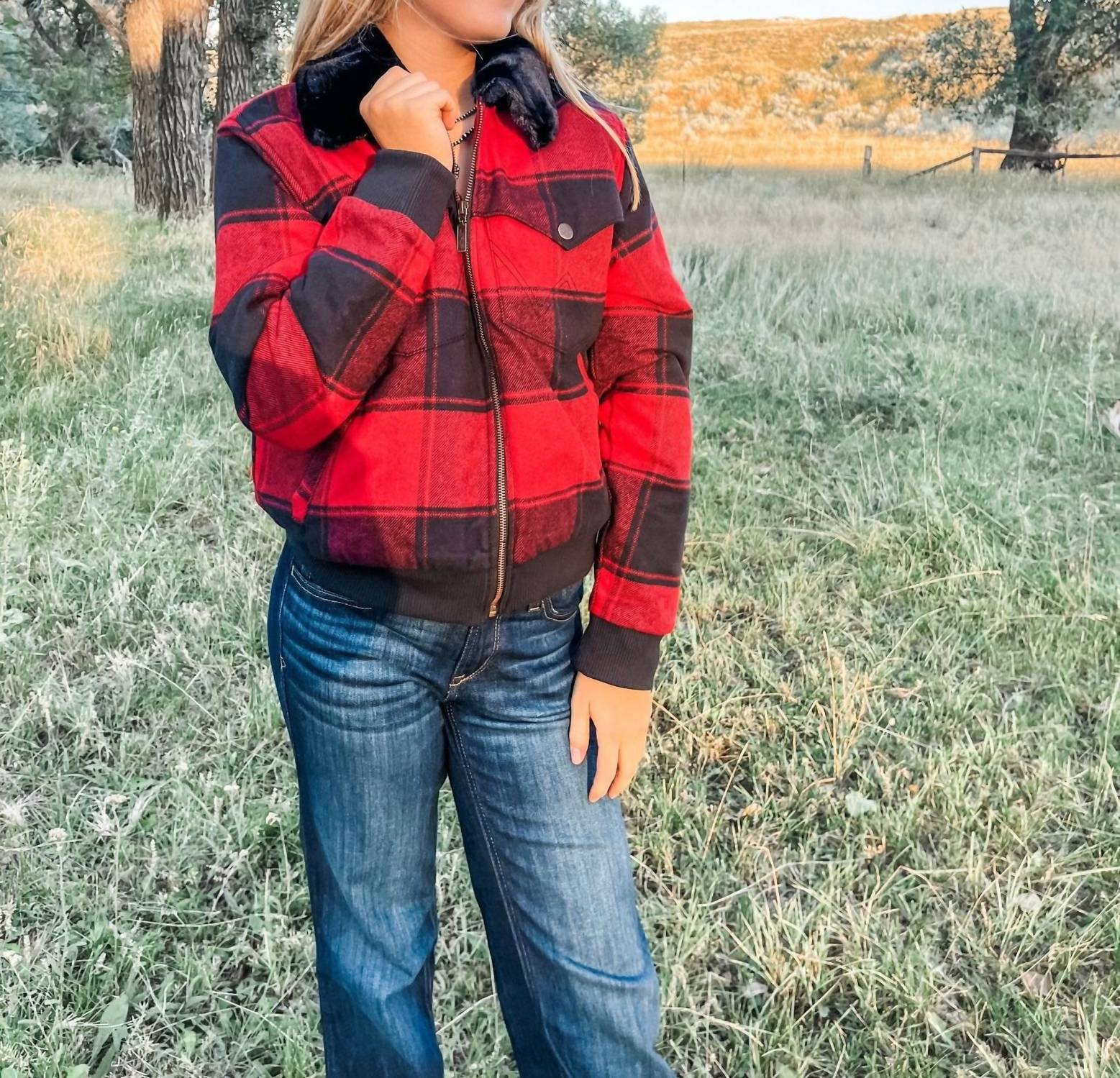 Wrangler Buffalo Plaid Bomber Jacket in black red - women's jacket