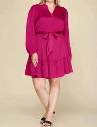 Vanilla Monkey - Long Sleeve Woven Satin Dress With Waist Sash - Plus