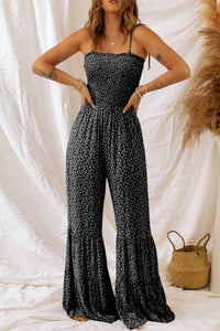 Little Daisy Closet - Straps Smocked Bodice Wide Leg Floral Jumpsuit