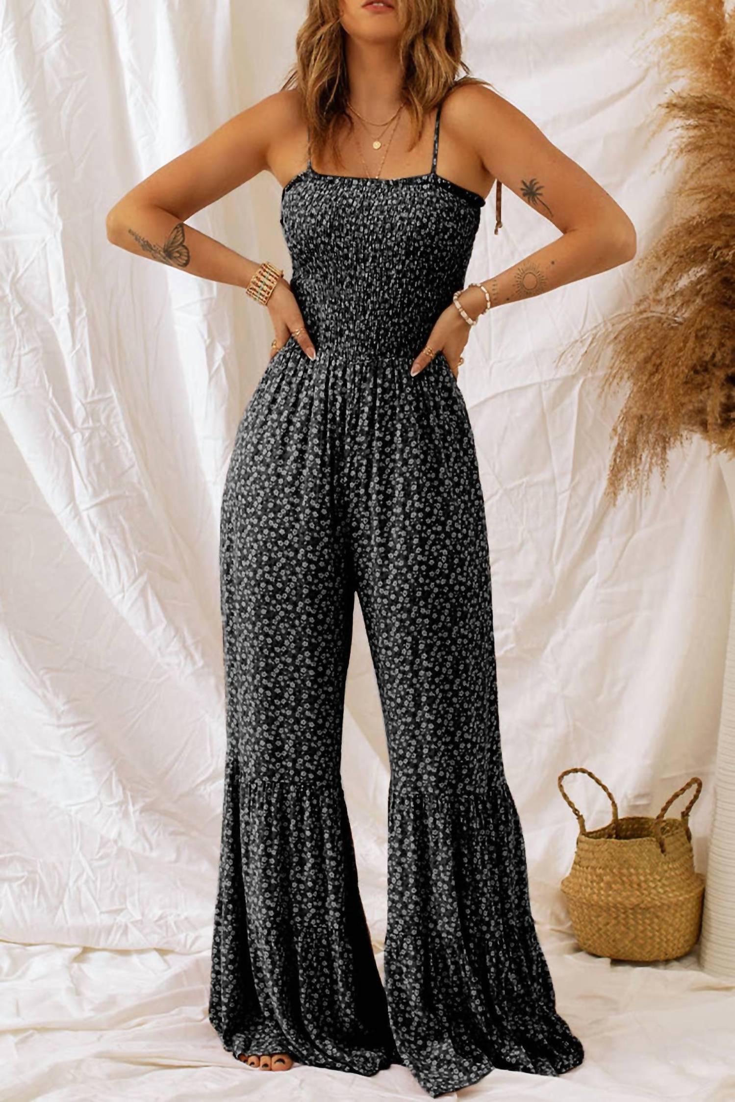 Little Daisy Closet - Straps Smocked Bodice Wide Leg Floral Jumpsuit