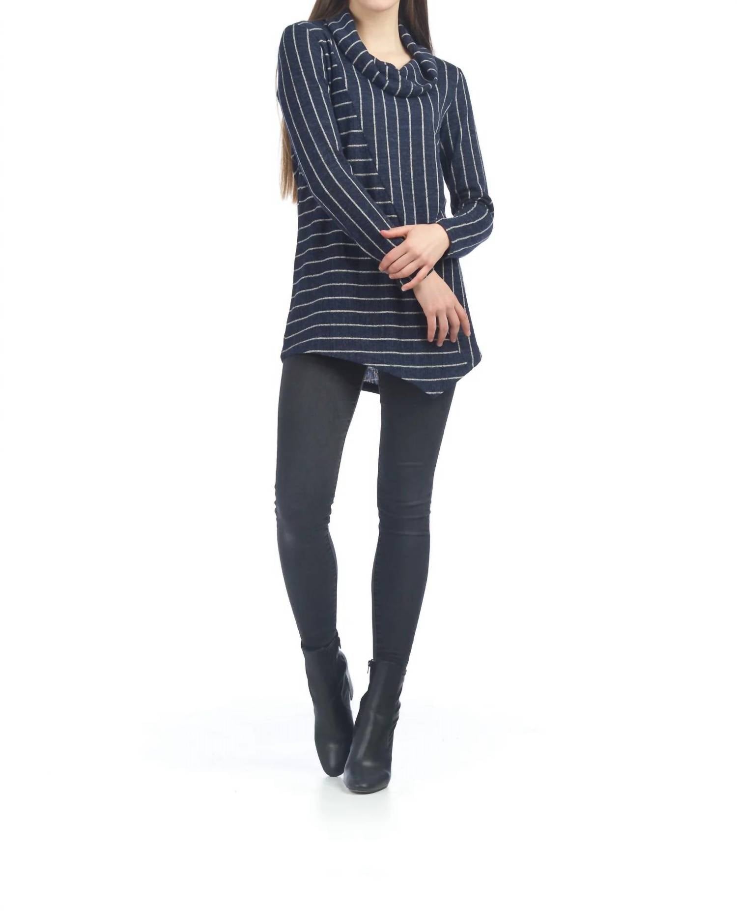 Papillon - Striped Angle Sweater Top With Cowl Neck