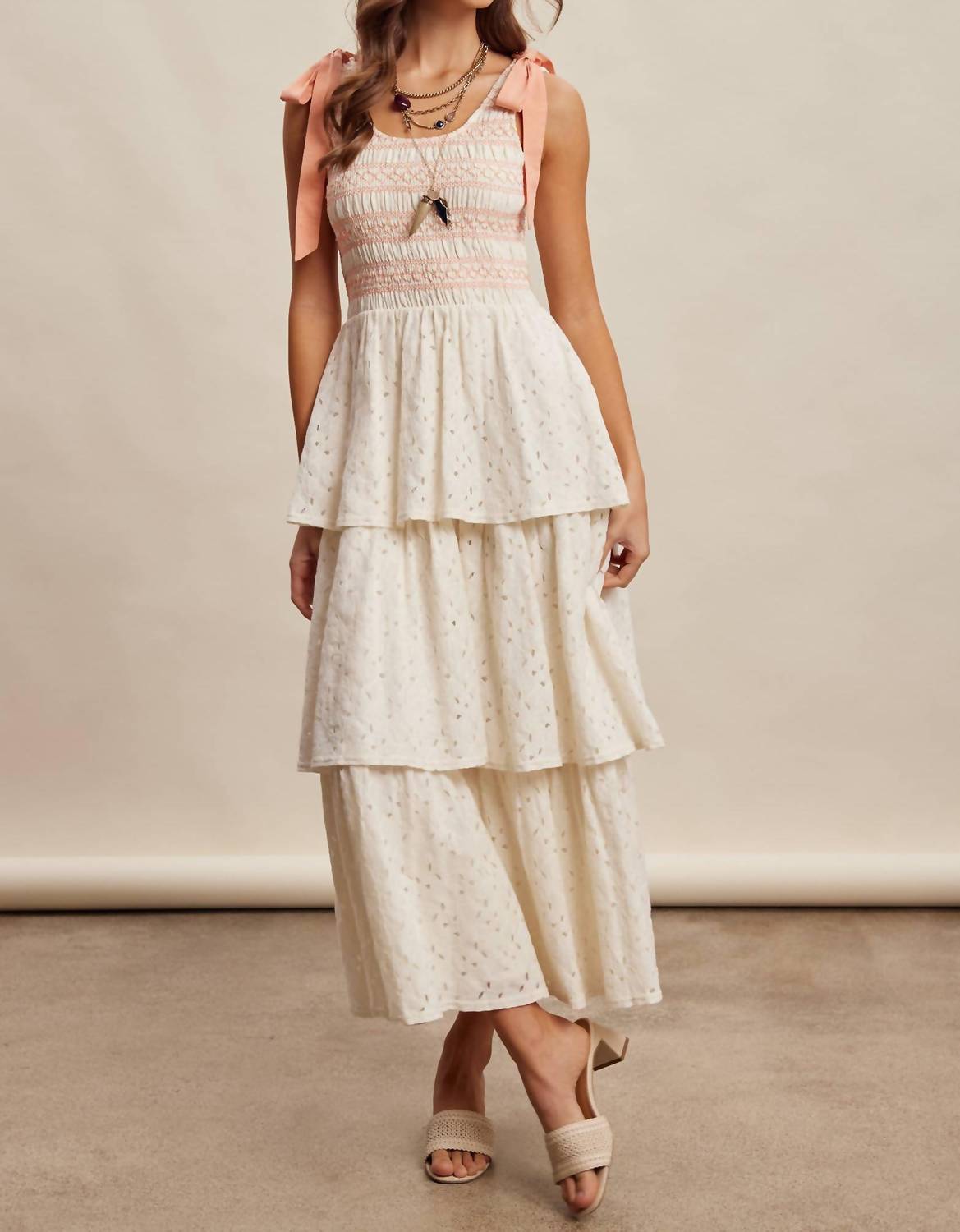 Listicle - Smocked Tie Shoulder Lace Maxi Dress