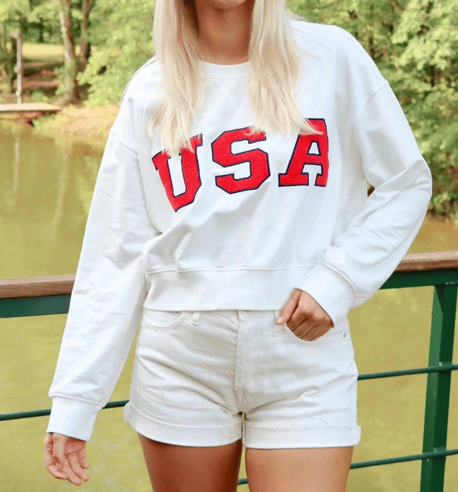 Day + Moon - Embroidered Usa Cropped Sweatshirt