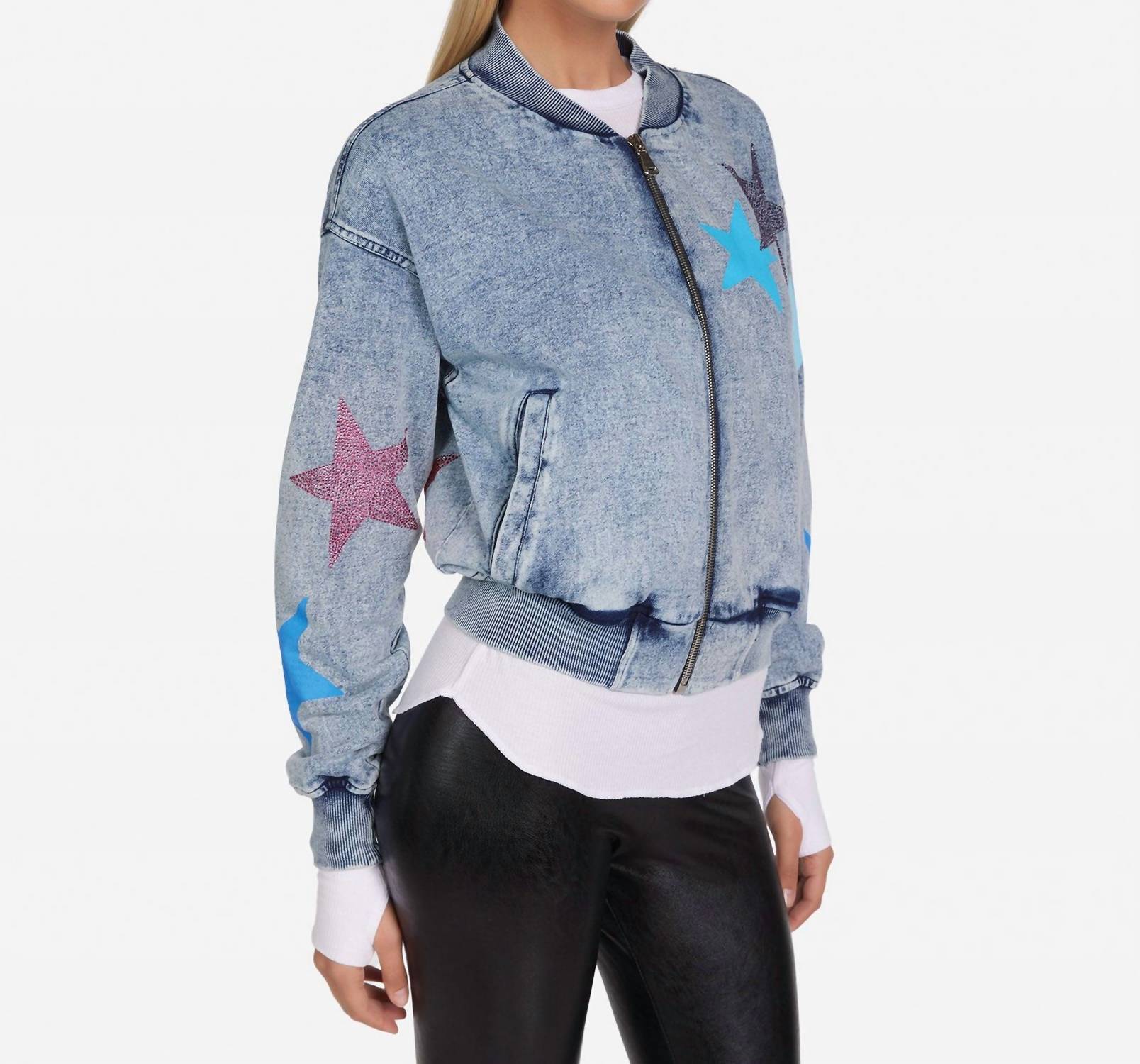 Lauren Moshi Shilese Color Crystal Multi Stars Jacket in faded denim - women's jacket - view 4