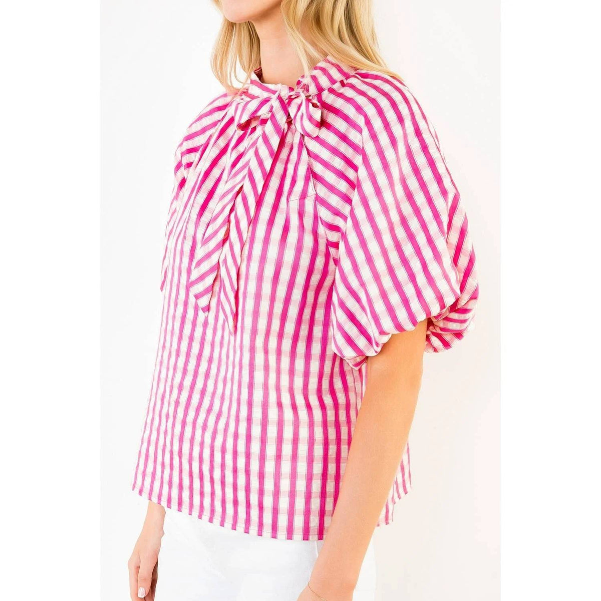 Thml - Main Street Style Gingham Puff Sleeve Tie Top
