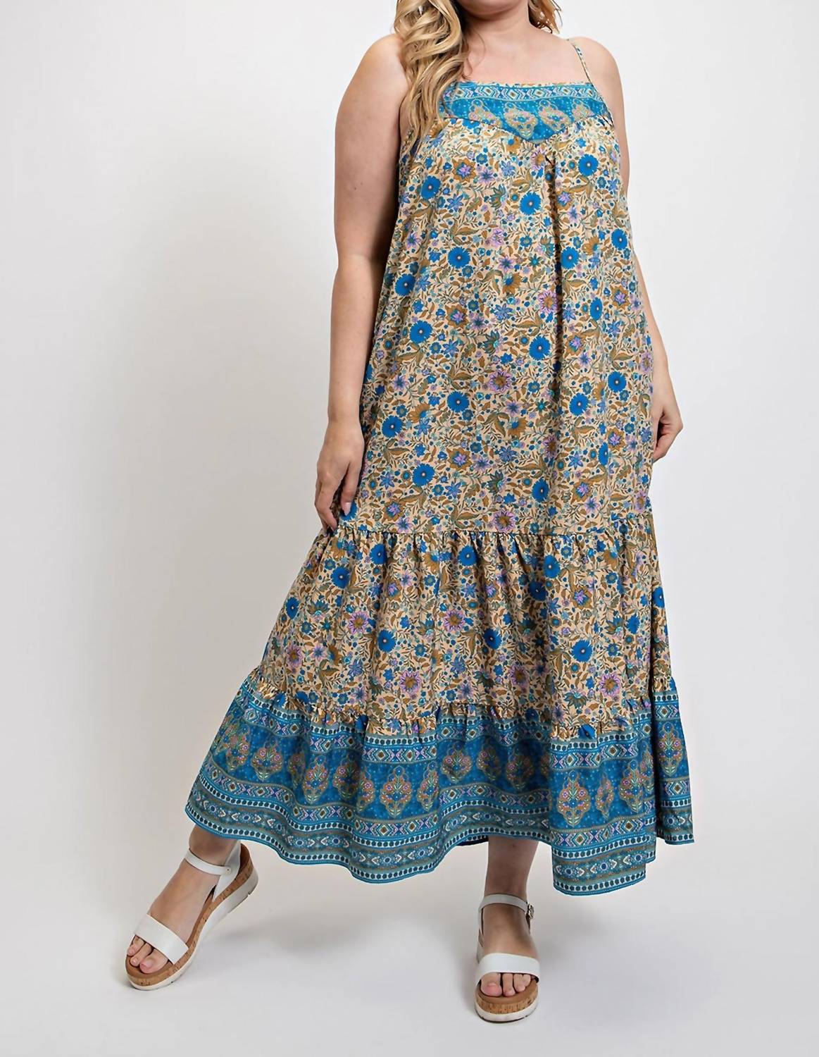GiGiO Boho Beauty Floral Aztec Maxi Dress in blue multi - women's dress