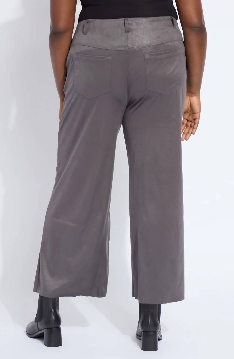 Lysse Amina Foil Ankle Wide Leg Faux Suede Pants in liquid charcoal - women's pants - detail view