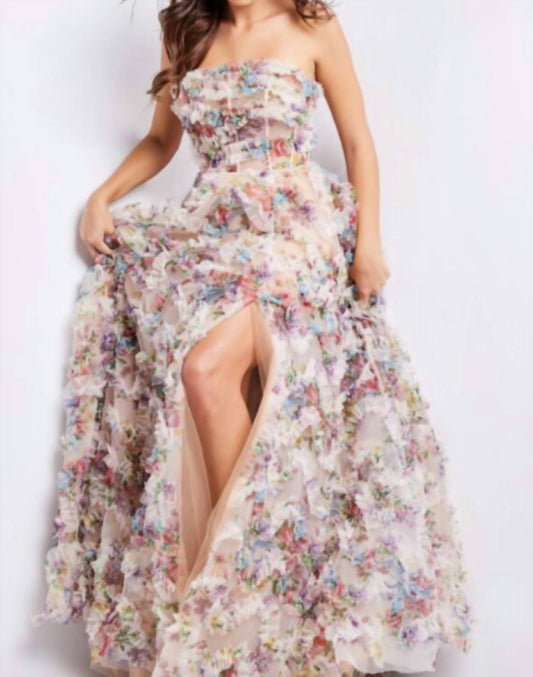 Jovani - Floral Strapless Maxi Gown