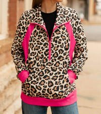 Sterling Kreek Quarter Zip Pullover in pink and leopard - women's top - alternate view