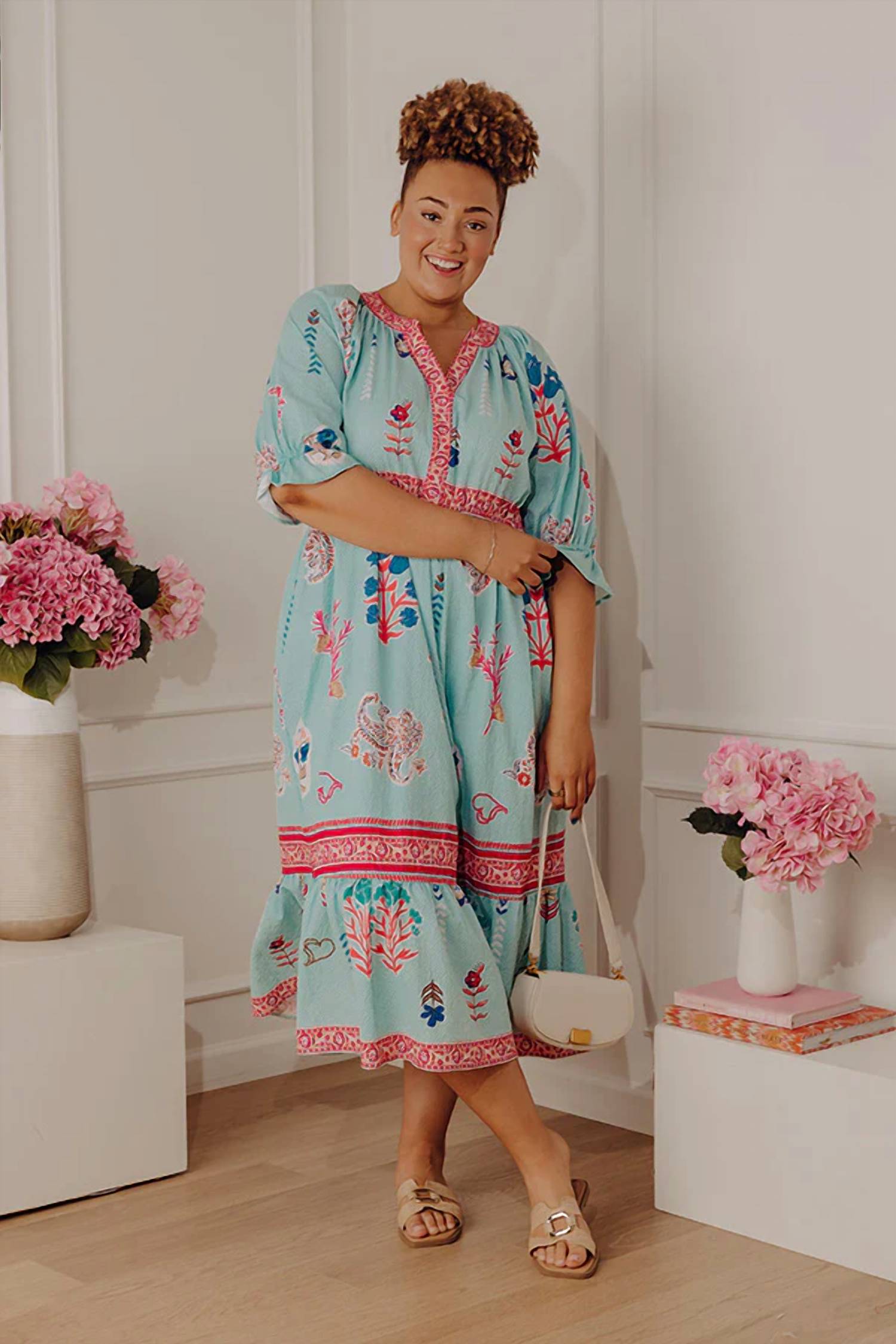 Umgee - Curvy Puffed Sleeve Midi Dress