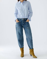 Oui Ruffled Sleeve And Hem Blouse in light blue white - women's blouse - detail view