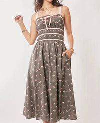 Davi & Dani - Contrast Velvet Tape Smocking Bodice Midi Dress