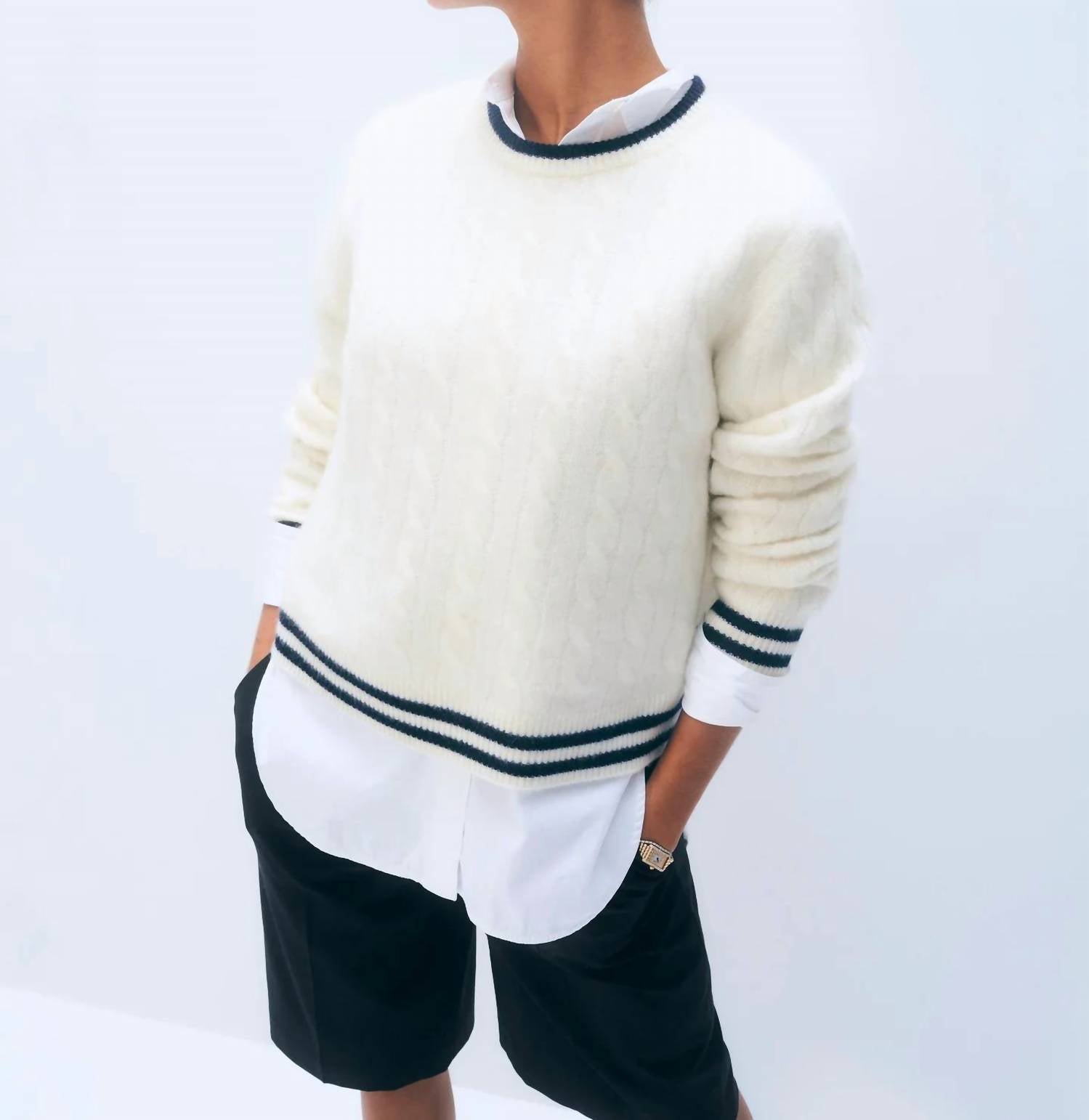 White + Warren - Cashmere Varsity Cable Crew Top