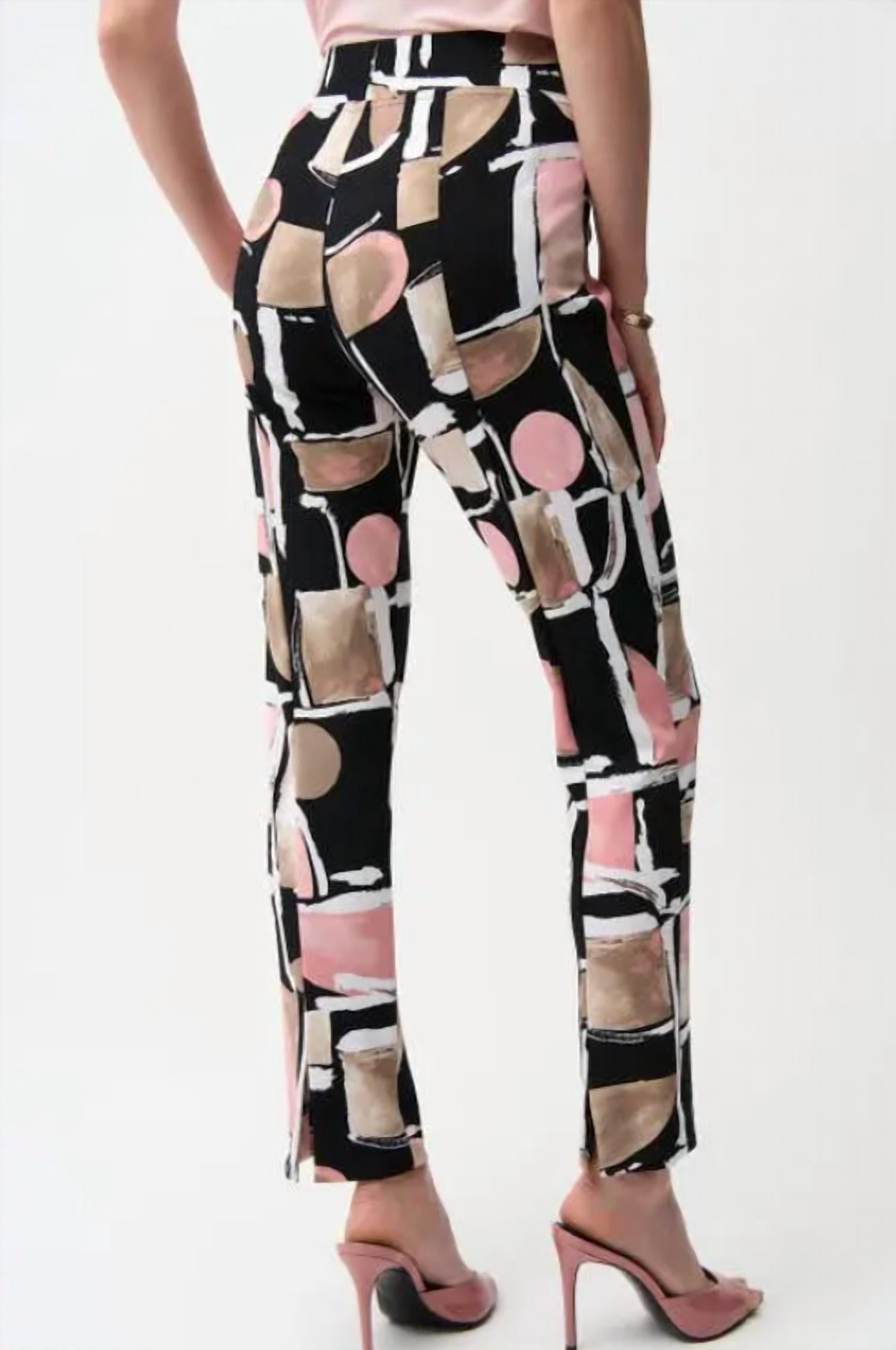 Joseph Ribkoff Silky Knit Abstract Print Straight Pull-on Pant in black multi - women's pants - detail view