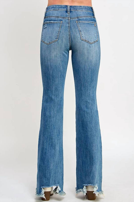 Saige Denim - Mid Rise Boot Cut With Destroy Fray Hem Super Stretch Jeans
