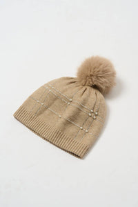Joseph Ribkoff Beaded Pom-pom Beanie in taupe melange - women's hat - detail view