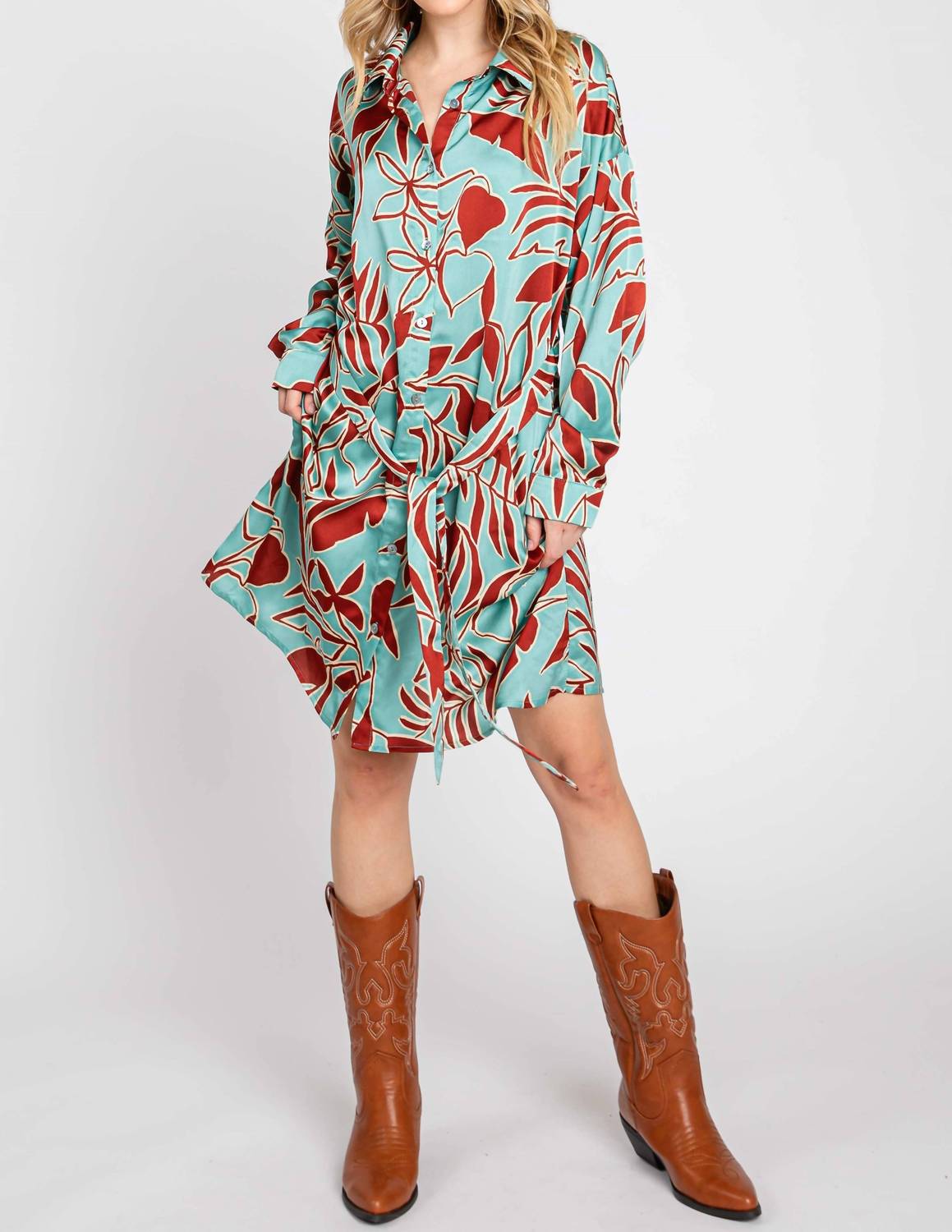 Elleborn - Printed Satin Midi Shirt Dress