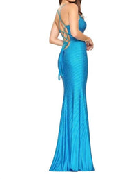FAVIANA Linear Rhinestone Gown in sea blue - women's dress - detail view