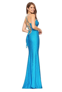 FAVIANA Linear Rhinestone Gown in sea blue - women's dress - alternate view