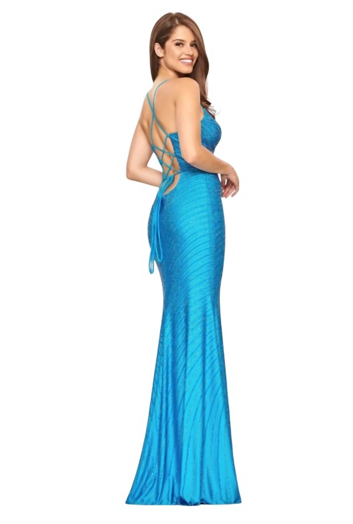 FAVIANA Linear Rhinestone Gown in sea blue - women's dress - alternate view