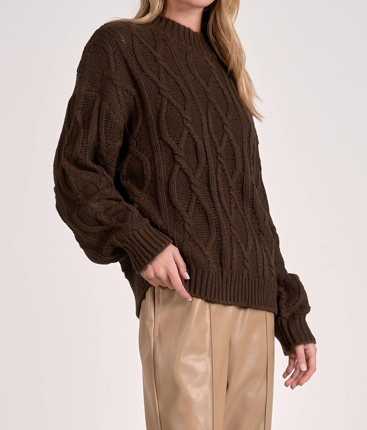 ELAN Crewneck Cable Knit Sweater in brown - women's sweater - alternate view
