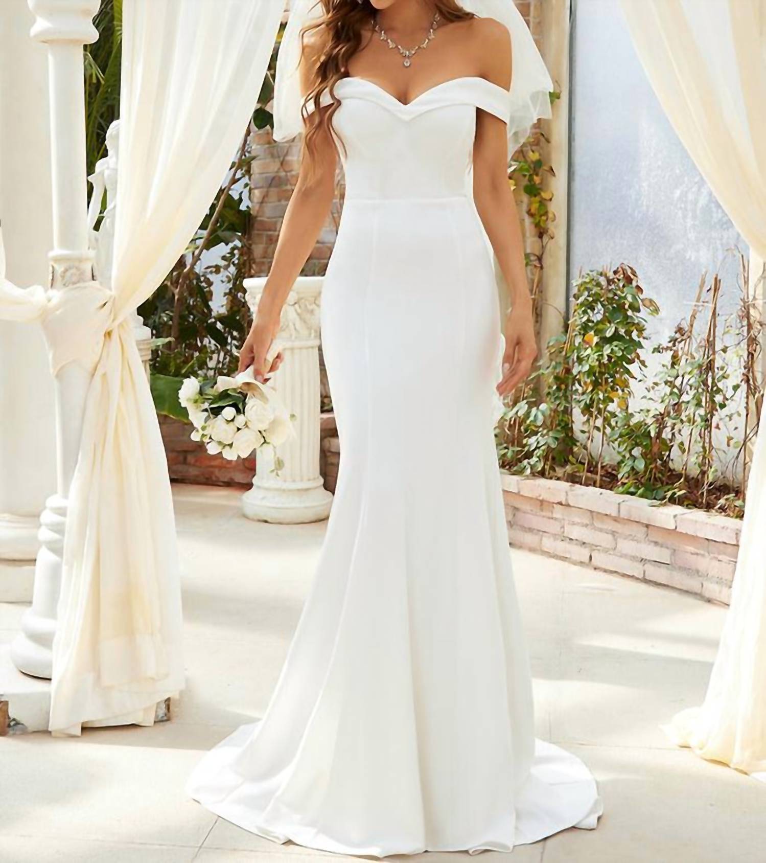 Ever-Pretty - Plain Solid Color Off Shoulder Mermaid Wedding Dress