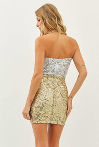 Idem Ditto - Sparkling Two Tone Color Block Sequin Stretchy Mini Dress