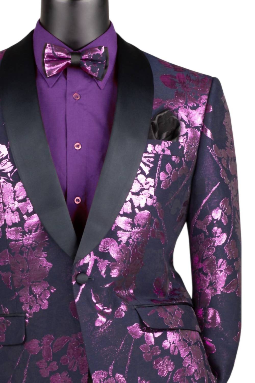Vinci Philosophy Men's Single Breasted 1 Button Slim Fit Floral Sport Coat in lavender - men's jacket - detail view