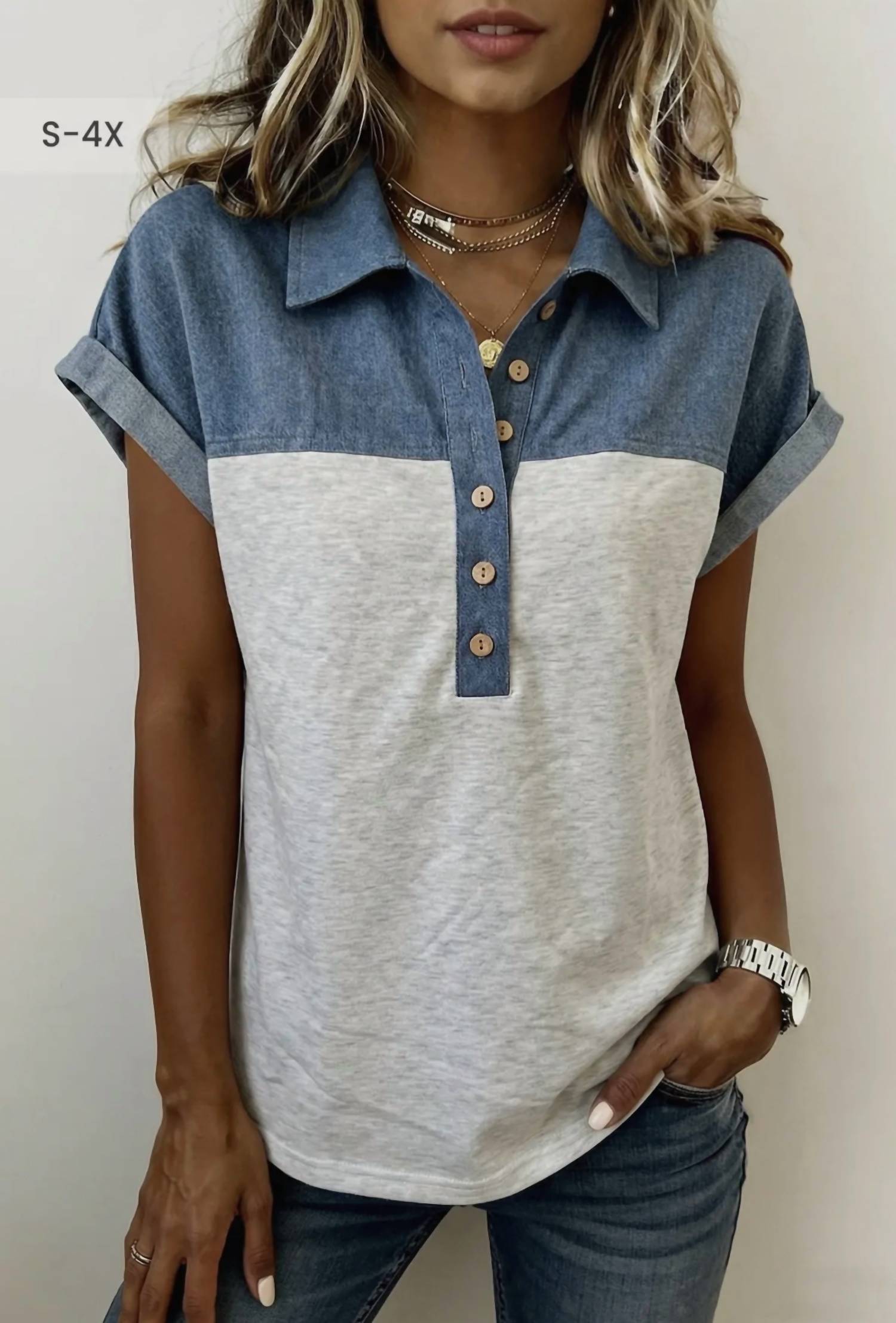 66Disco - Color block denim patchwork plus size polo collar top