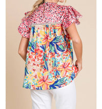 Jodifl - Floral Print Frilled Neck Ruffle Cap Sleeve Top